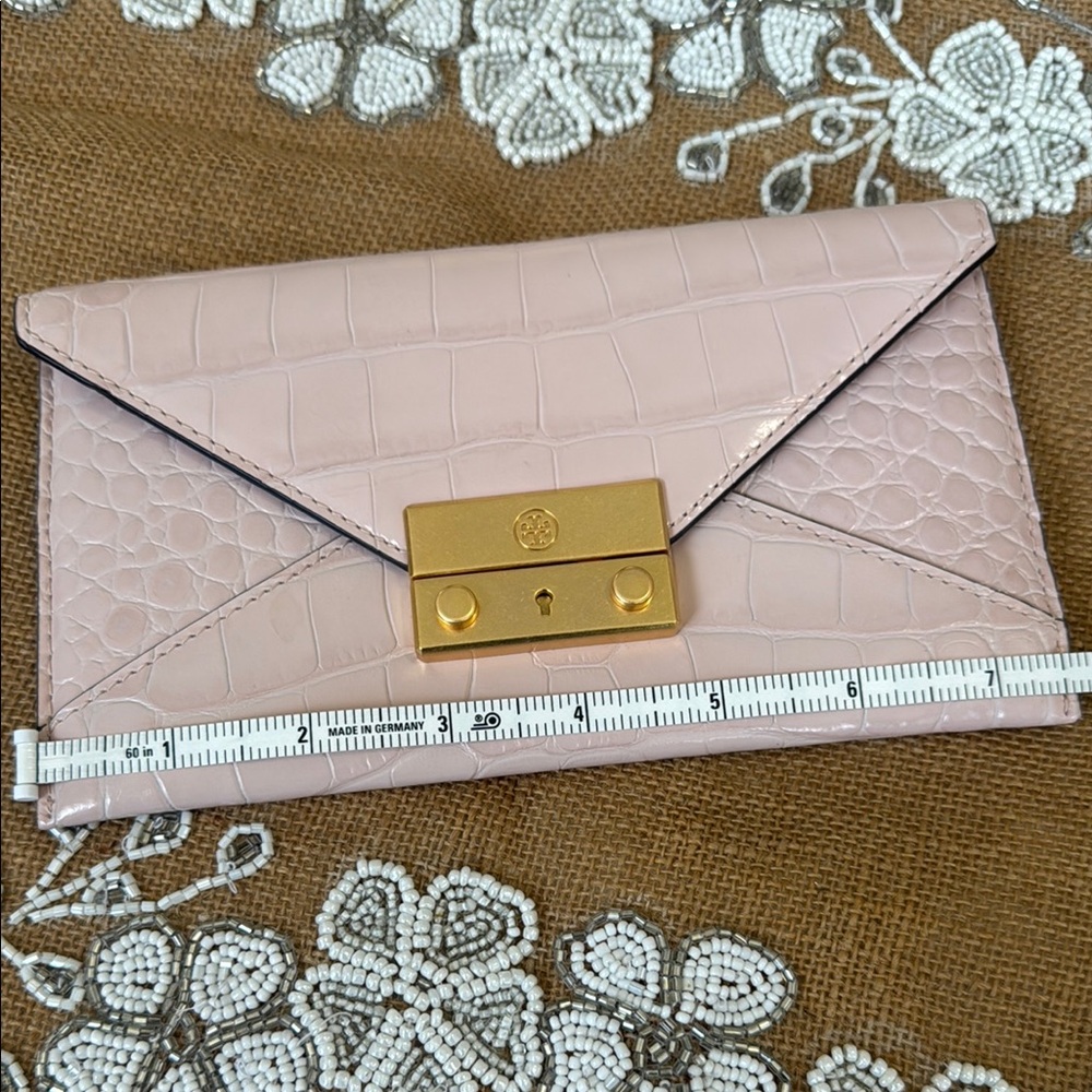Tory Burch Elegant Pink Crocodile-Embossed Clutch